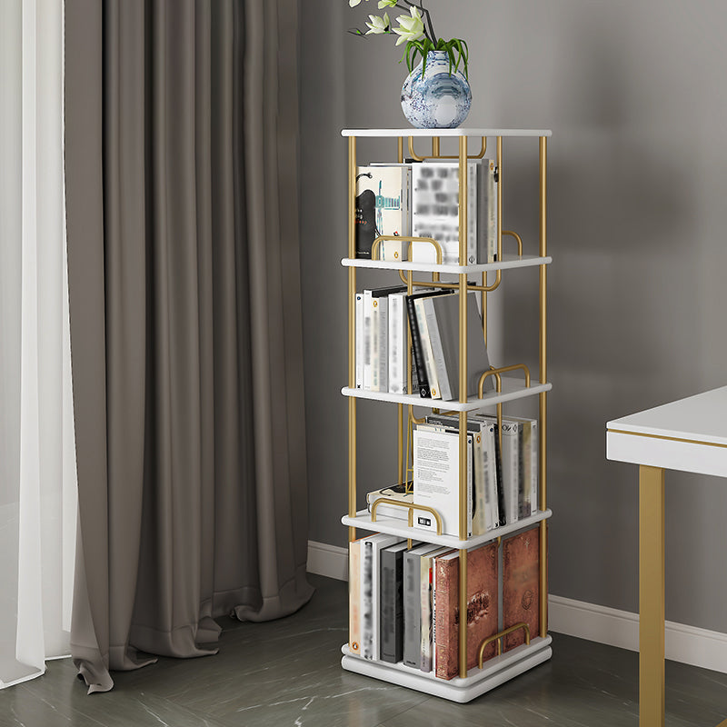 Glam Open Etagere Bookshelf Iron Frame Rubber Wood Shelf Bookshelf 15.7"L x 15.7"W x 55.4"H White-Gold Clearhalo 'Bookcases' 'furn' 'furn_bookcases' 'Furniture' 'furniture_bookcases' 'kitchen' 'kitchen_bookcases' 'Living Room Furniture' 'Office Furniture' 4749901