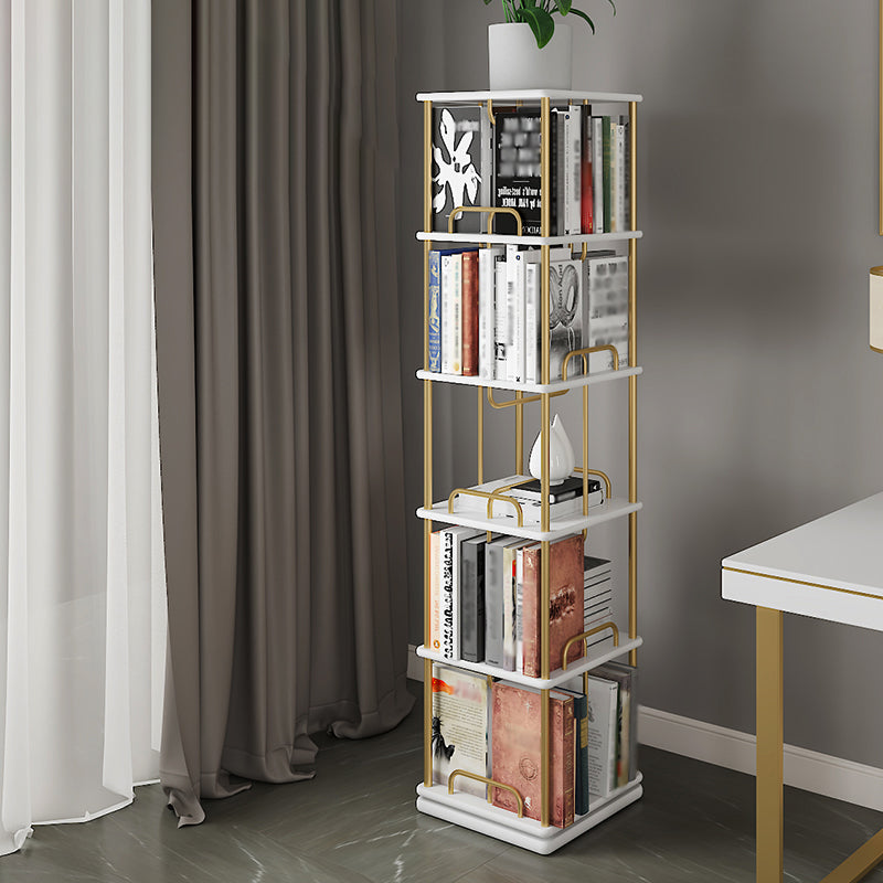 Glam Open Etagere Bookshelf Iron Frame Rubber Wood Shelf Bookshelf 15.7"L x 15.7"W x 68.7"H White-Gold Clearhalo 'Bookcases' 'furn' 'furn_bookcases' 'Furniture' 'furniture_bookcases' 'kitchen' 'kitchen_bookcases' 'Living Room Furniture' 'Office Furniture' 4749902