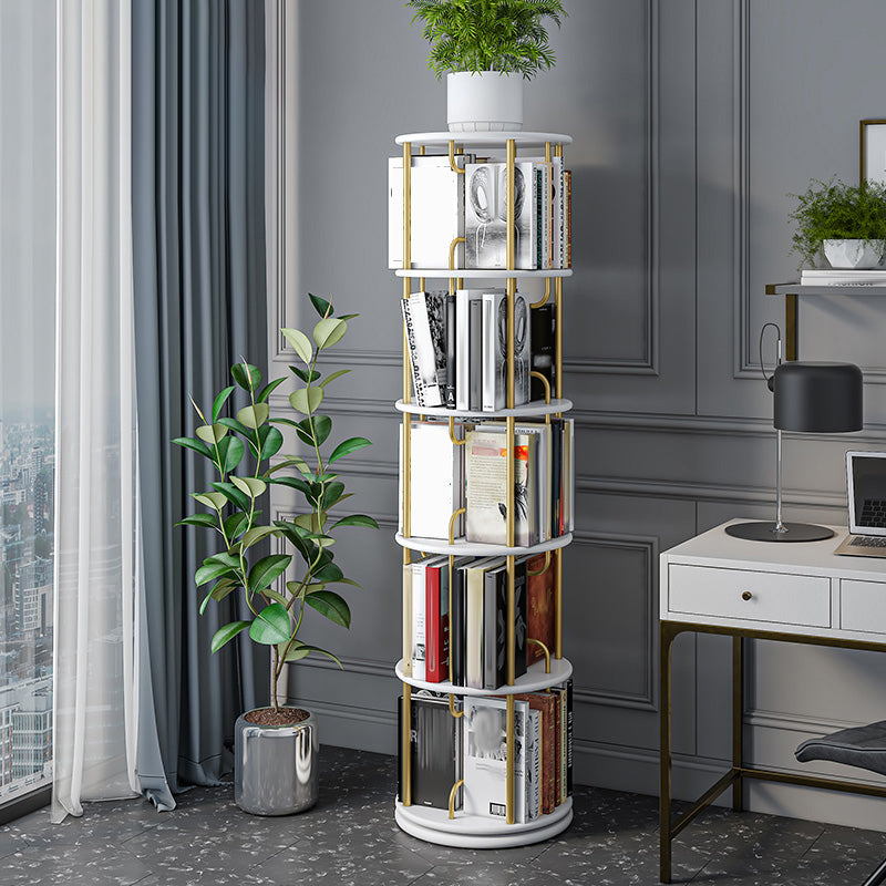 Glam Open Etagere Bookshelf Iron Frame Rubber Wood Shelf Bookshelf 17.7"L x 17.7"W x 68.6"H White-Gold Clearhalo 'Bookcases' 'furn' 'furn_bookcases' 'Furniture' 'furniture_bookcases' 'kitchen' 'kitchen_bookcases' 'Living Room Furniture' 'Office Furniture' 4749905