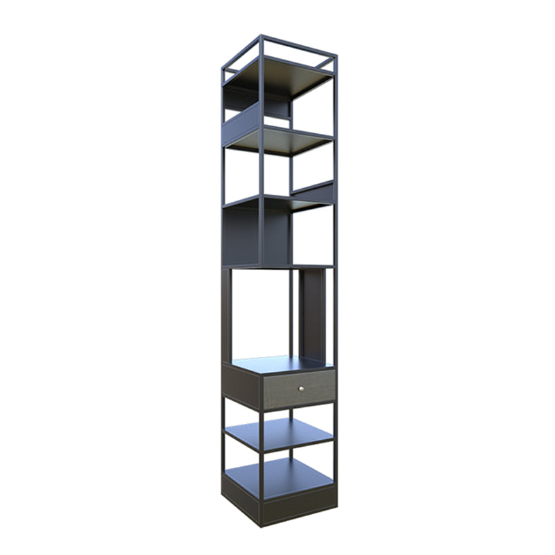 Iron Industrial Corner Bookshelf Open Vertical Bookshelf with Drawer 13.8"L x 13.8"W x 70.9"H Black Clearhalo 'Bookcases' 'furn' 'furn_bookcases' 'Furniture' 'furniture_bookcases' 'kitchen' 'kitchen_bookcases' 'Living Room Furniture' 'Office Furniture' 4749954