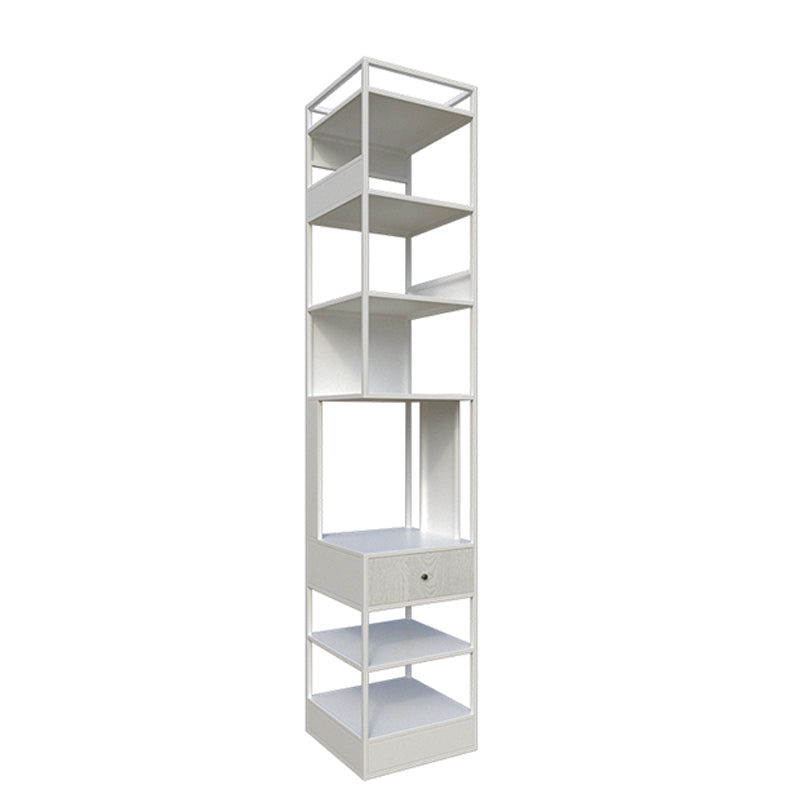 Iron Industrial Corner Bookshelf Open Vertical Bookshelf with Drawer 13.8"L x 13.8"W x 70.9"H White Clearhalo 'Bookcases' 'furn' 'furn_bookcases' 'Furniture' 'furniture_bookcases' 'kitchen' 'kitchen_bookcases' 'Living Room Furniture' 'Office Furniture' 4749959