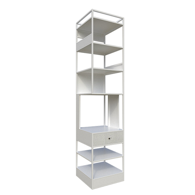 Iron Industrial Corner Bookshelf Open Vertical Bookshelf with Drawer 16"L x 16"W x 71"H White Clearhalo 'Bookcases' 'furn' 'furn_bookcases' 'Furniture' 'furniture_bookcases' 'kitchen' 'kitchen_bookcases' 'Living Room Furniture' 'Office Furniture' 4749961