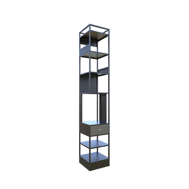 Iron Industrial Corner Bookshelf Open Vertical Bookshelf with Drawer 11.8"L x 11.8"W x 70.9"H Black Clearhalo 'Bookcases' 'furn' 'furn_bookcases' 'Furniture' 'furniture_bookcases' 'kitchen' 'kitchen_bookcases' 'Living Room Furniture' 'Office Furniture' 4749962