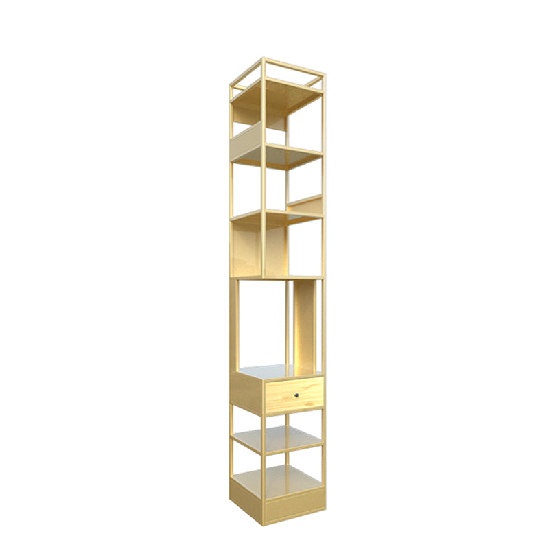 Iron Industrial Corner Bookshelf Open Vertical Bookshelf with Drawer 11.8"L x 11.8"W x 70.9"H Gold Clearhalo 'Bookcases' 'furn' 'furn_bookcases' 'Furniture' 'furniture_bookcases' 'kitchen' 'kitchen_bookcases' 'Living Room Furniture' 'Office Furniture' 4749964