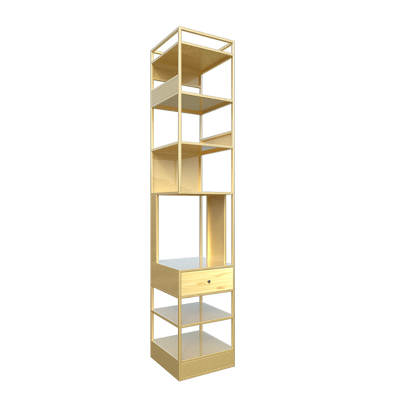 Iron Industrial Corner Bookshelf Open Vertical Bookshelf with Drawer 13.8"L x 13.8"W x 70.9"H Gold Clearhalo 'Bookcases' 'furn' 'furn_bookcases' 'Furniture' 'furniture_bookcases' 'kitchen' 'kitchen_bookcases' 'Living Room Furniture' 'Office Furniture' 4749966