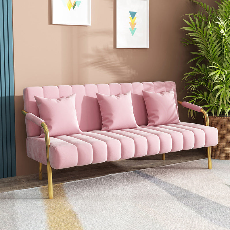 Contemporary Glam Gold Frame Sofa with Sewn Pillow Back for Bonus Room Pink Clearhalo 'furn' 'furn_sofas' 'Furniture' 'furniture_sofas' 'kitchen' 'kitchen_sofas' 'Living Room Furniture' 'Sofa' 'sofas' 4758010