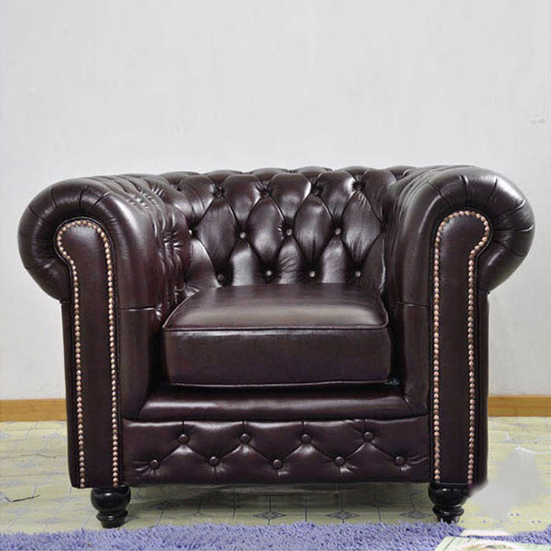 Tight Back Rolled Arm Loveseat Leather Stain Resistant Settee Sofa in Brown 43"L x 33.5"W x 31"H Clearhalo 'furn' 'furn_sofas' 'Furniture' 'furniture_sofas' 'kitchen' 'kitchen_sofas' 'Living Room Furniture' 'Sofa' 'sofas' 4758077