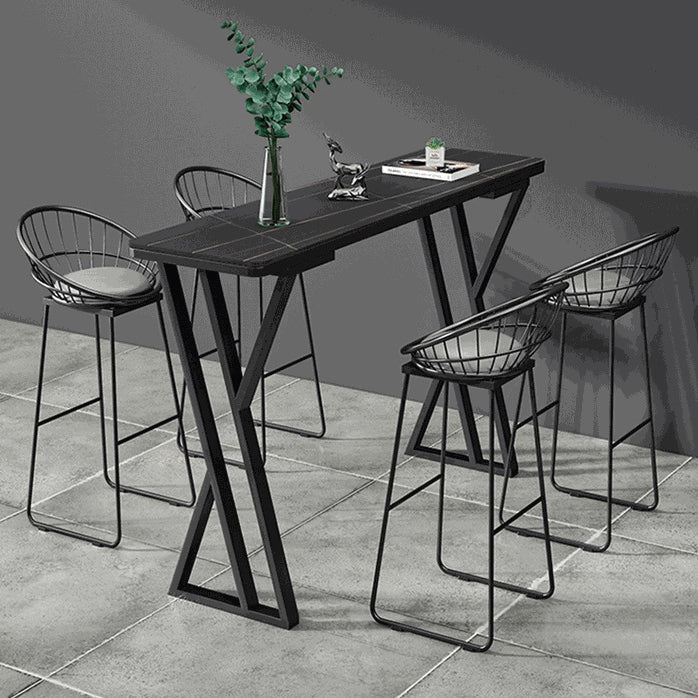 Stone Bar Dining Table Industrial Bar Dining Table with Double Pedestal Base 63"L x 15.7"W x 41.3"H Black Without Chairs Clearhalo 'Bar Furniture' 'Bar Tables' 'bar_tables' 'furn' 'furn_bar_tables' 'Furniture' 'furniture_bar_tables' 'Kitchen & Dining Furniture' 4759485
