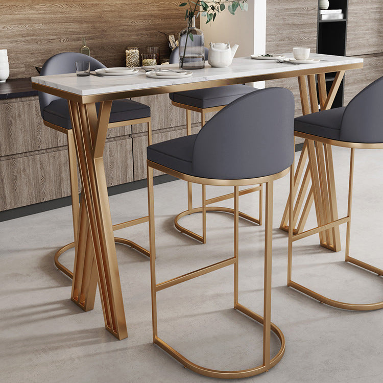 White Stone Top Bar Dining Table Traditional Luxury Bar Table with Sled Base in Gold 78.7"L x 17.7"W x 41.3"H Without Chairs Clearhalo 'Bar Furniture' 'Bar Tables' 'bar_tables' 'furn' 'furn_bar_tables' 'Furniture' 'furniture_bar_tables' 'Kitchen & Dining Furniture' 4759817