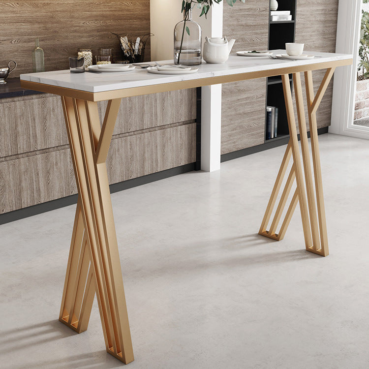 White Stone Top Bar Dining Table Traditional Luxury Bar Table with Sled Base in Gold 63"L x 17.7"W x 41.3"H Without Chairs Clearhalo 'Bar Furniture' 'Bar Tables' 'bar_tables' 'furn' 'furn_bar_tables' 'Furniture' 'furniture_bar_tables' 'Kitchen & Dining Furniture' 4759819