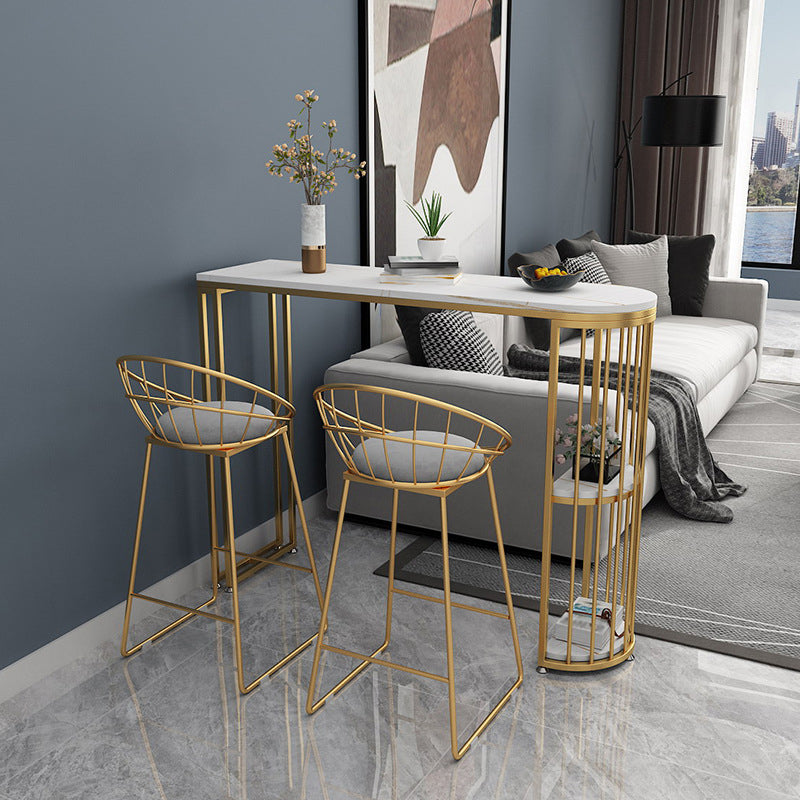 Stone Top Bar Table Traditional Luxury Bar Table with Sled Base 86.6"L x 15.7"W x 41.3"H White Gold Clearhalo 'Bar Furniture' 'Bar Tables' 'bar_tables' 'furn' 'furn_bar_tables' 'Furniture' 'furniture_bar_tables' 'Kitchen & Dining Furniture' 4759870