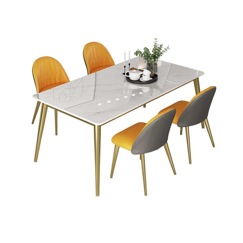 Glam 1/5/6/7 Pieces Dinette Set with White Sintered Stone Top Rectangle Dining Table Set 5 Pieces: Table, 4 Orange Chairs Clearhalo 'Dining Room Sets' 'Dining Tables & Seating' 'dining_room_set' 'furn' 'furn_dining_room_set' 'Furniture' 'furniture_dining_room_set' 'Kitchen & Dining Furniture' 4760110