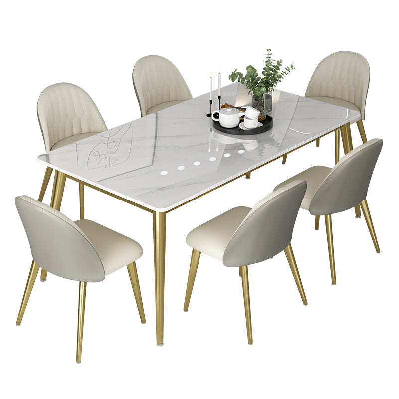 Glam 1/5/6/7 Pieces Dinette Set with White Sintered Stone Top Rectangle Dining Table Set 7 Pieces: Table, 6 Beige Chairs Clearhalo 'Dining Room Sets' 'Dining Tables & Seating' 'dining_room_set' 'furn' 'furn_dining_room_set' 'Furniture' 'furniture_dining_room_set' 'Kitchen & Dining Furniture' 4760115
