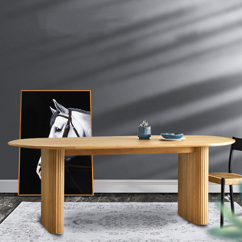 Oval Double Pedestal Modern Table Wood Color Fixed Table of Pinewood Solid Wood 63"L x 27.6"W x 29.5"H Without Chairs Clearhalo 'Dining Tables & Seating' 'Dining Tables' 'dining_table' 'furn' 'furn_dining_table' 'Furniture' 'furniture_dining_table' 'Kitchen & Dining Furniture' 'kitchen' 'kitchen_dining_table' 4760430