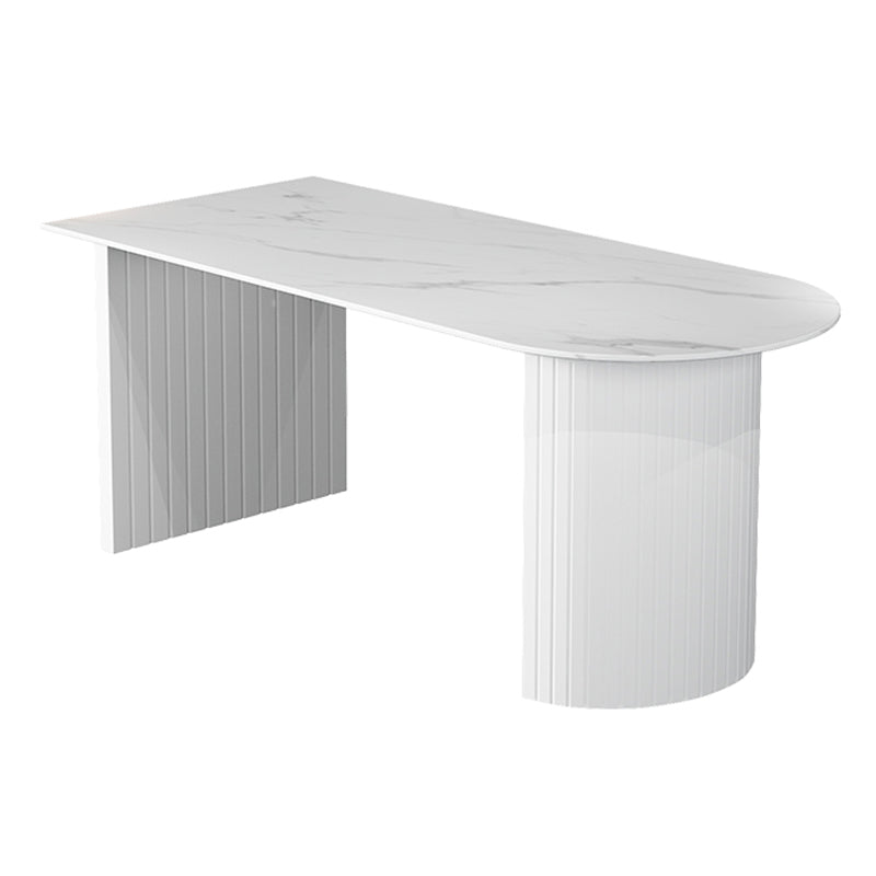 Modern Oval Dining Table Wood Double Pedestal Home Kitchen Dinner Table in White White Grey Without Chairs Clearhalo 'Dining Tables & Seating' 'Dining Tables' 'dining_table' 'furn' 'furn_dining_table' 'Furniture' 'furniture_dining_table' 'Kitchen & Dining Furniture' 'kitchen' 'kitchen_dining_table' 4760543