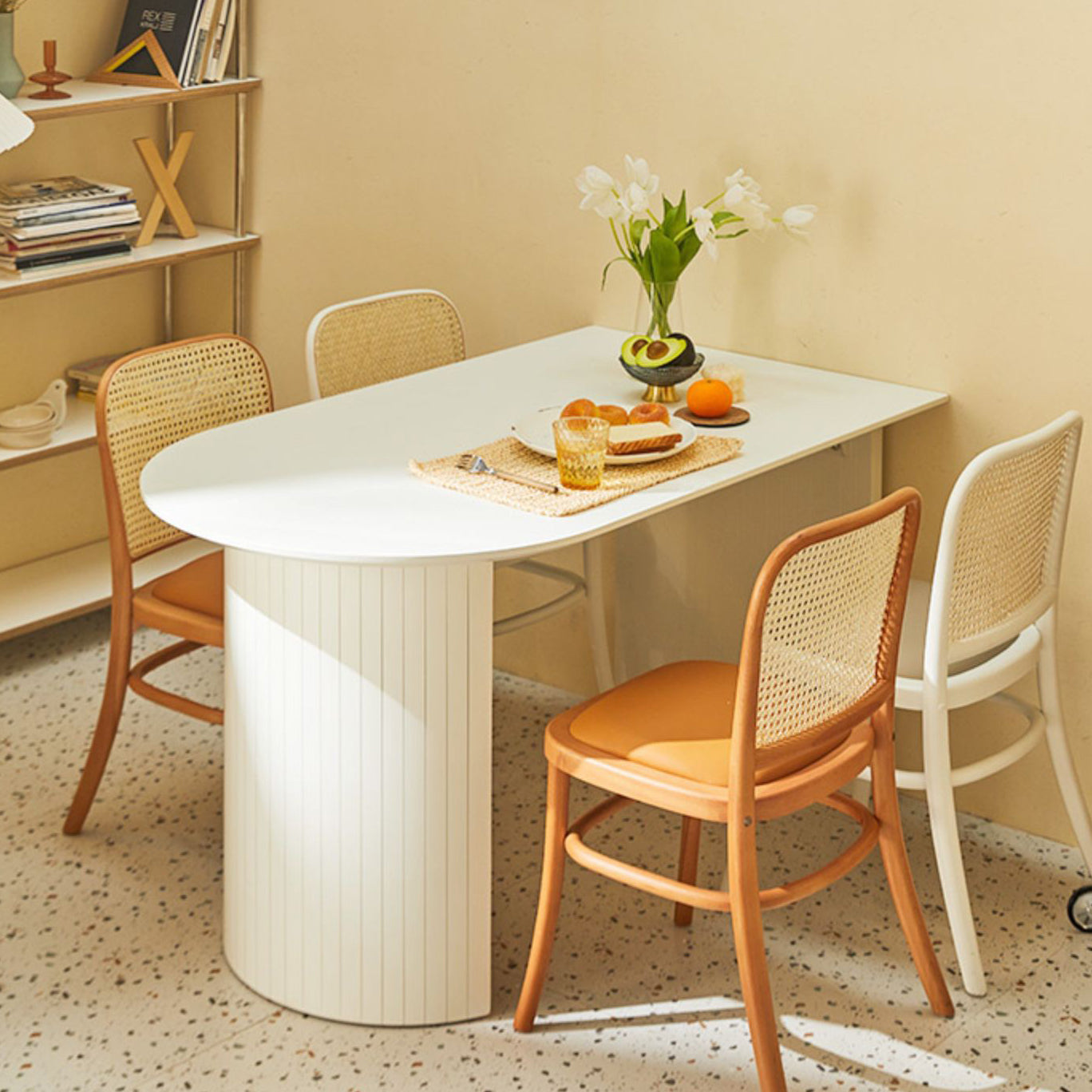 Sintered Stone and Ash Wood White Table Modern Dining Table with Double Pedestal Free Form Wood 55.1"L x 27.6"W x 29.5"H Clearhalo 'Dining Tables & Seating' 'Dining Tables' 'dining_table' 'furn' 'furn_dining_table' 'Furniture' 'furniture_dining_table' 'Kitchen & Dining Furniture' 'kitchen' 'kitchen_dining_table' 4760559