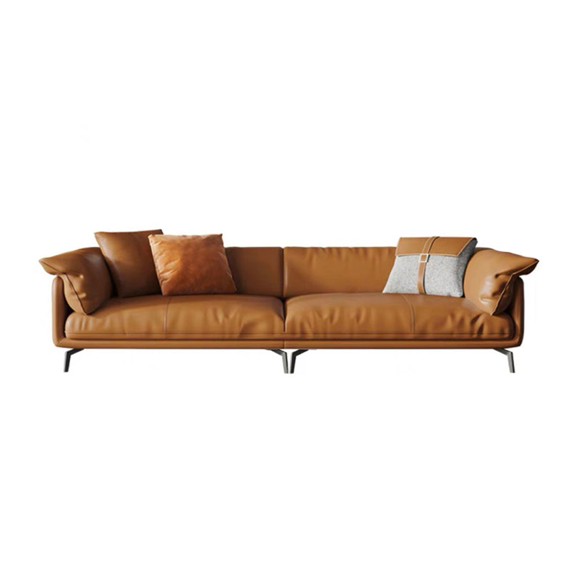 Modern Style Square Armrest Padded Down Seat Orange Leather Sofa 140"L x 37"W x 33.5"H Clearhalo 'furn' 'furn_sofas' 'Furniture' 'furniture_sofas' 'kitchen' 'kitchen_sofas' 'Living Room Furniture' 'Sofa' 'sofas' 4764124