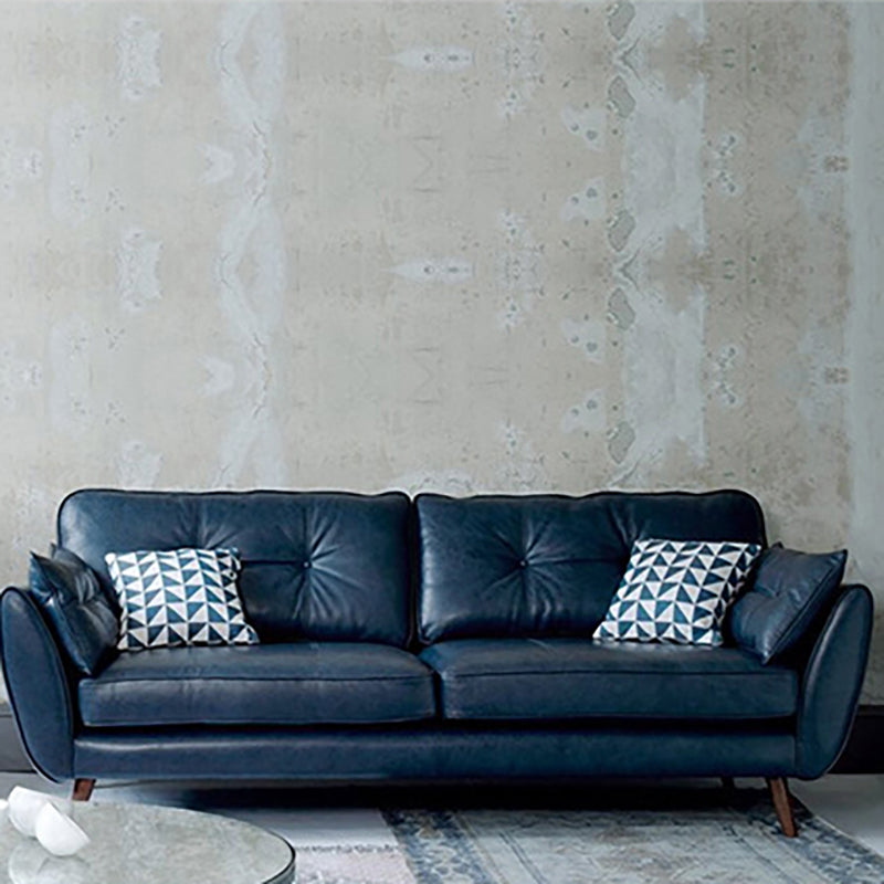 Wood Legs Modern Flared Arm Sofa Leather Standard Tufted Sofa 75"L x 35"W x 35"H Blue Clearhalo 'furn' 'furn_sofas' 'Furniture' 'furniture_sofas' 'kitchen' 'kitchen_sofas' 'Living Room Furniture' 'Sofa' 'sofas' 4764136