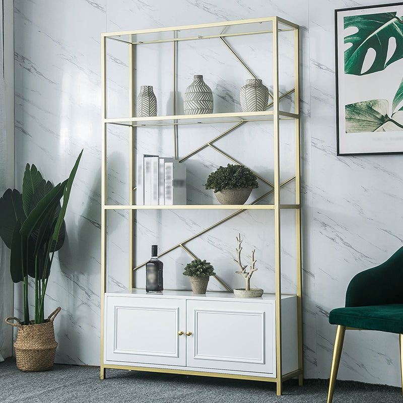 Scandinavian Open Etagere Bookshelf with Gold Iron Frame White Manufactured Wood Shelf Clearhalo 'Bookcases' 'furn' 'furn_bookcases' 'Furniture' 'furniture_bookcases' 'kitchen' 'kitchen_bookcases' 'Living Room Furniture' 'Office Furniture' 4766050