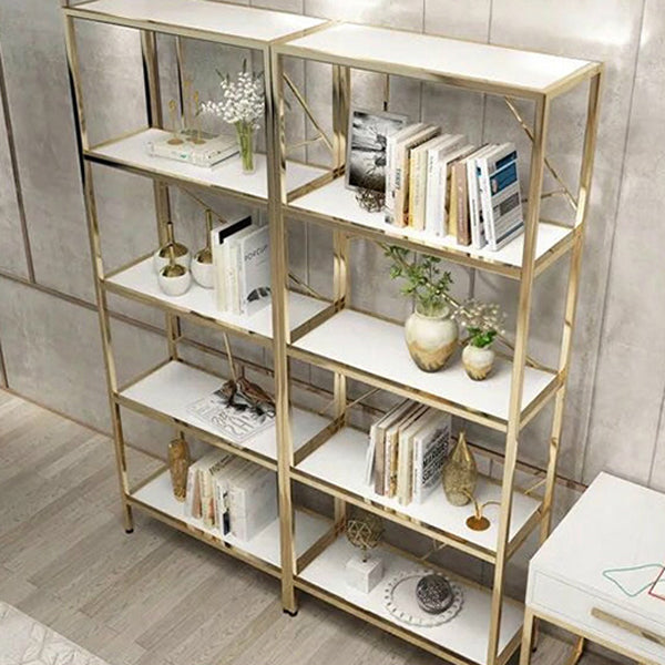 Scandinavian Open Etagere Bookshelf with Gold Iron Frame White Manufactured Wood Shelf Clearhalo 'Bookcases' 'furn' 'furn_bookcases' 'Furniture' 'furniture_bookcases' 'kitchen' 'kitchen_bookcases' 'Living Room Furniture' 'Office Furniture' 4766062