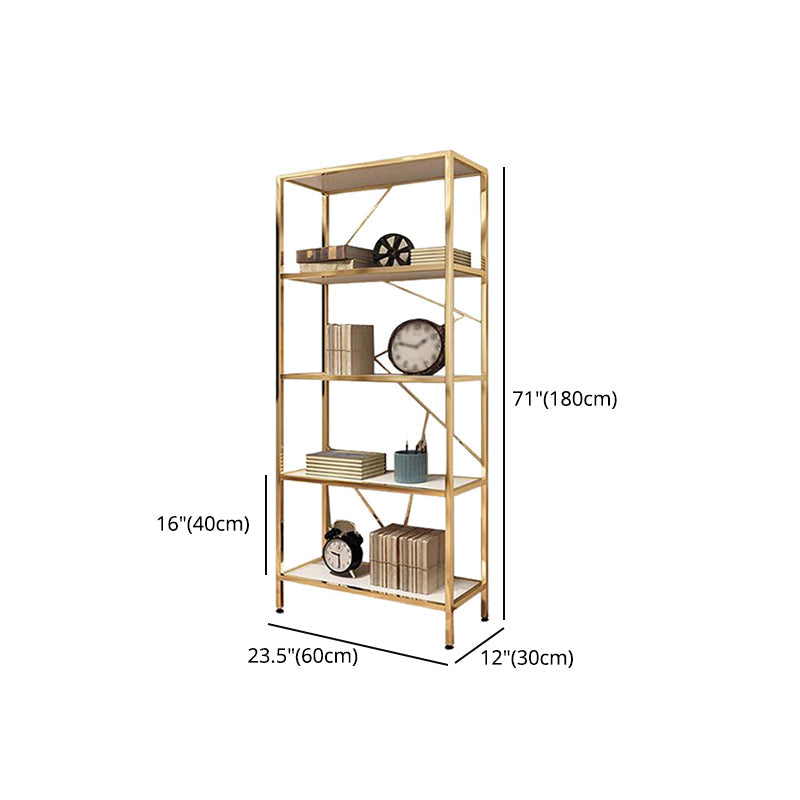 Scandinavian Open Etagere Bookshelf with Gold Iron Frame White Manufactured Wood Shelf Clearhalo 'Bookcases' 'furn' 'furn_bookcases' 'Furniture' 'furniture_bookcases' 'kitchen' 'kitchen_bookcases' 'Living Room Furniture' 'Office Furniture' 4766064