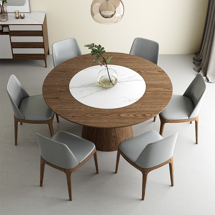 Modern 1/4/7 Pieces Round Dinette Set Ash Wood Dining Table Set with Stone Turntable 7 Pieces: Table, 6 Chairs Clearhalo 'Dining Room Sets' 'Dining Tables & Seating' 'dining_room_set' 'furn' 'furn_dining_room_set' 'Furniture' 'furniture_dining_room_set' 'Kitchen & Dining Furniture' 4769505