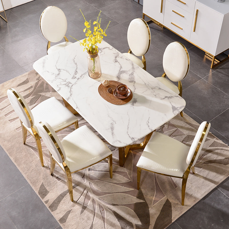 Glam 1/4/5/6/7 Pieces Dining Set Marble Dining Table Set for Dining Areas 7 Pieces: Table, 6 White Chairs Clearhalo 'Dining Room Sets' 'Dining Tables & Seating' 'dining_room_set' 'furn' 'furn_dining_room_set' 'Furniture' 'furniture_dining_room_set' 'Kitchen & Dining Furniture' 4769756