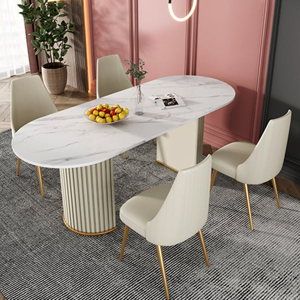 Double Pedestal Dinner Table Traditional Luxury Oval Dining Table for Home White 63"L x 31.5"W x 29.5"H Without Chairs Clearhalo 'Dining Tables & Seating' 'Dining Tables' 'dining_table' 'furn' 'furn_dining_table' 'Furniture' 'furniture_dining_table' 'Kitchen & Dining Furniture' 'kitchen' 'kitchen_dining_table' 4769856
