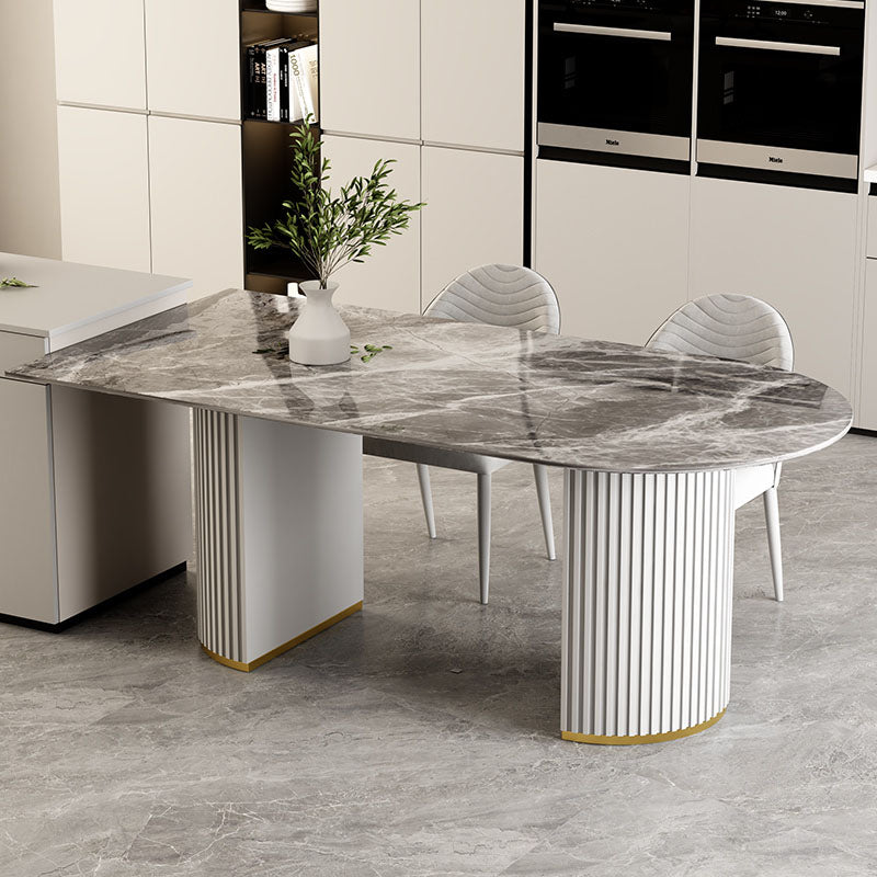 Irregular Shape Dining Table for Restaurant Sintered Stone Table with Double Pedestal Gray 47.2"L x 23.6"W x 29.5"H Without Chairs Clearhalo 'Dining Tables & Seating' 'Dining Tables' 'dining_table' 'furn' 'furn_dining_table' 'Furniture' 'furniture_dining_table' 'Kitchen & Dining Furniture' 'kitchen' 'kitchen_dining_table' 4770144