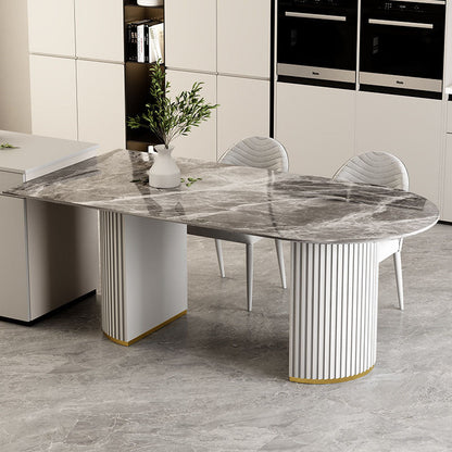 Irregular Shape Dining Table for Restaurant Sintered Stone Table with Double Pedestal Gray 47.2"L x 23.6"W x 29.5"H Without Chairs Clearhalo 'Dining Tables & Seating' 'Dining Tables' 'dining_table' 'furn' 'furn_dining_table' 'Furniture' 'furniture_dining_table' 'Kitchen & Dining Furniture' 'kitchen' 'kitchen_dining_table' 4770144