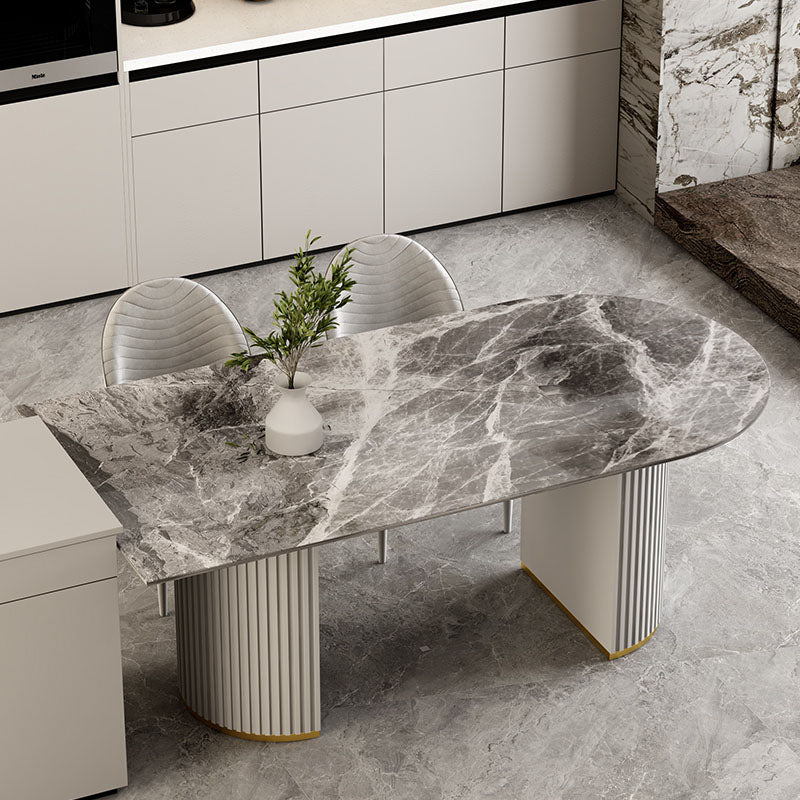 Irregular Shape Dining Table for Restaurant Sintered Stone Table with Double Pedestal Gray Without Chairs Clearhalo 'Dining Tables & Seating' 'Dining Tables' 'dining_table' 'furn' 'furn_dining_table' 'Furniture' 'furniture_dining_table' 'Kitchen & Dining Furniture' 'kitchen' 'kitchen_dining_table' 4770145