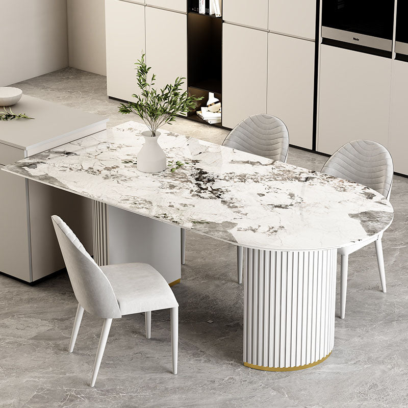 Irregular Shape Dining Table for Restaurant Sintered Stone Table with Double Pedestal Pandora Gold 47.2"L x 23.6"W x 29.5"H Without Chairs Clearhalo 'Dining Tables & Seating' 'Dining Tables' 'dining_table' 'furn' 'furn_dining_table' 'Furniture' 'furniture_dining_table' 'Kitchen & Dining Furniture' 'kitchen' 'kitchen_dining_table' 4770147