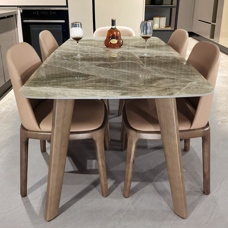 Stone Top Dining Table Mid-Century Modern Table with 4 Legs in Brown Grey 63"L x 35.4"W x 29.5"H Without Chairs Clearhalo 'Dining Tables & Seating' 'Dining Tables' 'dining_table' 'furn' 'furn_dining_table' 'Furniture' 'furniture_dining_table' 'Kitchen & Dining Furniture' 'kitchen' 'kitchen_dining_table' 4770192