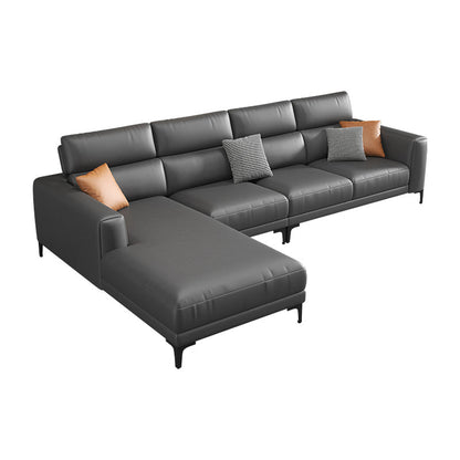 Grey Faux Leather Square Arm Sectional with Adjustable Bolster Pillows, Stain Resistant 120"L x 71"W x 35"H Clearhalo 'furn' 'furn_sectionals' 'Furniture' 'furniture_sectionals' 'kitchen' 'kitchen_sectionals' 'Living Room Furniture' 'Sectionals' 4773219