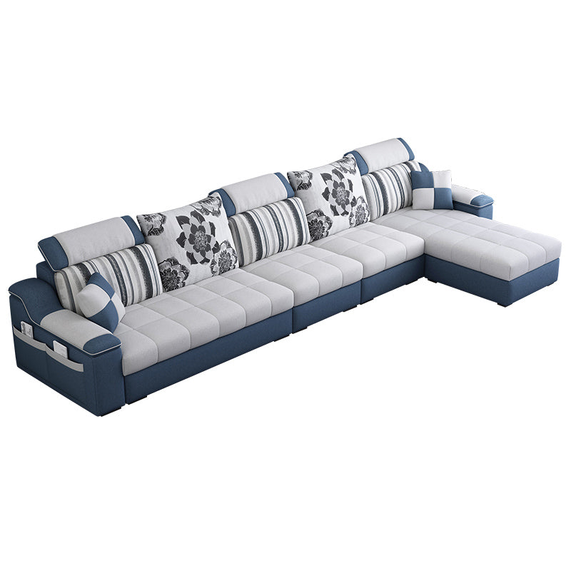 White/Blue Pillow Top Arm Pillowed Back Cushions Sectional Furniture 130"L x 57"W x 35"H Sponge Clearhalo 'furn' 'furn_sectionals' 'Furniture' 'furniture_sectionals' 'kitchen' 'kitchen_sectionals' 'Living Room Furniture' 'Sectionals' 4773240