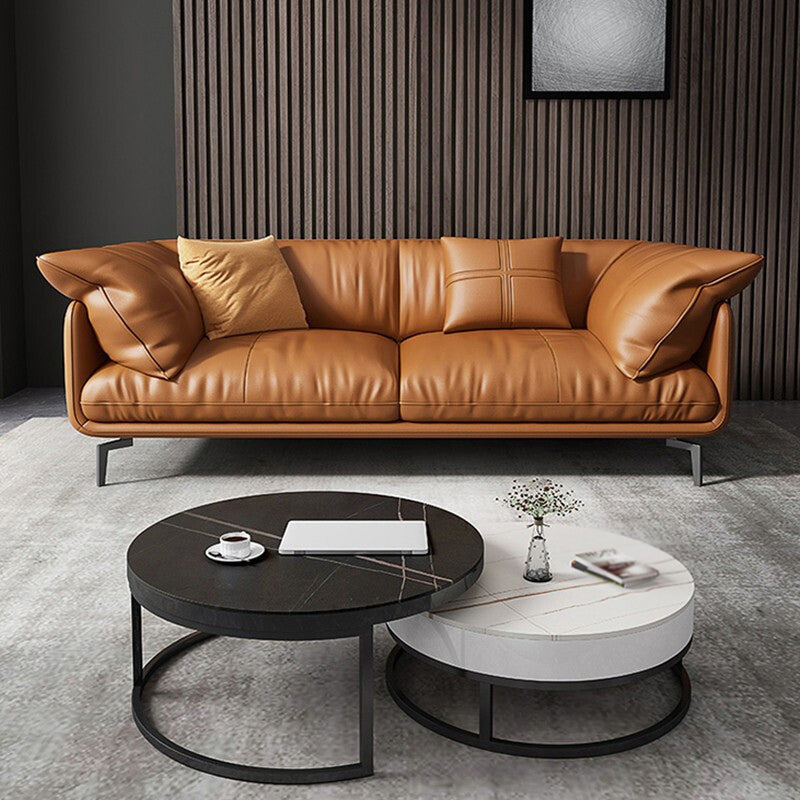 Recessed Arm Tan Contemporary Removable Cushions Faux Leather Sofa & Chaise 71"L x 37"W x 33"H Latex Clearhalo 'furn' 'furn_sectionals' 'Furniture' 'furniture_sectionals' 'kitchen' 'kitchen_sectionals' 'Living Room Furniture' 'Sectionals' 4773248