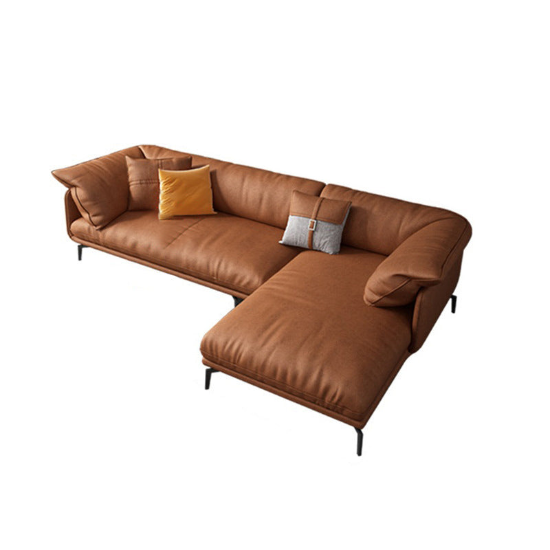 Recessed Arm Tan Contemporary Removable Cushions Faux Leather Sofa & Chaise 104"L x 72"W x 33"H Sponge Clearhalo 'furn' 'furn_sectionals' 'Furniture' 'furniture_sectionals' 'kitchen' 'kitchen_sectionals' 'Living Room Furniture' 'Sectionals' 4773255