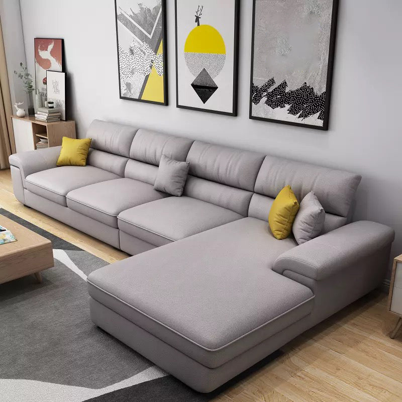 Contemporary L-Shape Sectional with Pillowed Back Cushions for Four People Grey Clearhalo 'furn' 'furn_sectionals' 'Furniture' 'furniture_sectionals' 'kitchen' 'kitchen_sectionals' 'Living Room Furniture' 'Sectionals' 4773361