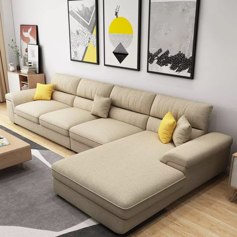 Contemporary L-Shape Sectional with Pillowed Back Cushions for Four People Beige Clearhalo 'furn' 'furn_sectionals' 'Furniture' 'furniture_sectionals' 'kitchen' 'kitchen_sectionals' 'Living Room Furniture' 'Sectionals' 4773372