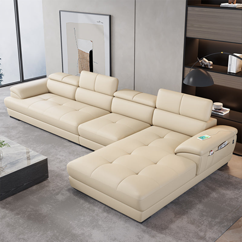 Beige Contemporary Sofa with Pillow Top Arm and Storage 27.6" 140.5"L x 67"W x 28"H Genuine Leather Clearhalo 'furn' 'furn_sectionals' 'Furniture' 'furniture_sectionals' 'kitchen' 'kitchen_sectionals' 'Living Room Furniture' 'Sectionals' 4773384