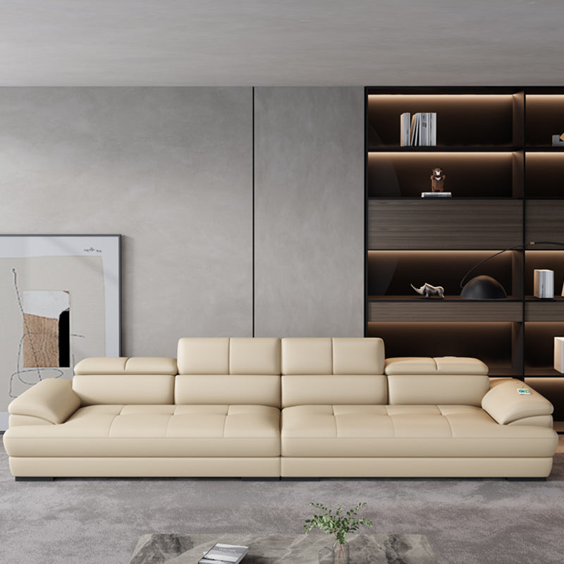 Beige Contemporary Sofa with Pillow Top Arm and Storage 27.6" 142"L x 39"W x 28"H Genuine Leather Clearhalo 'furn' 'furn_sectionals' 'Furniture' 'furniture_sectionals' 'kitchen' 'kitchen_sectionals' 'Living Room Furniture' 'Sectionals' 4773385