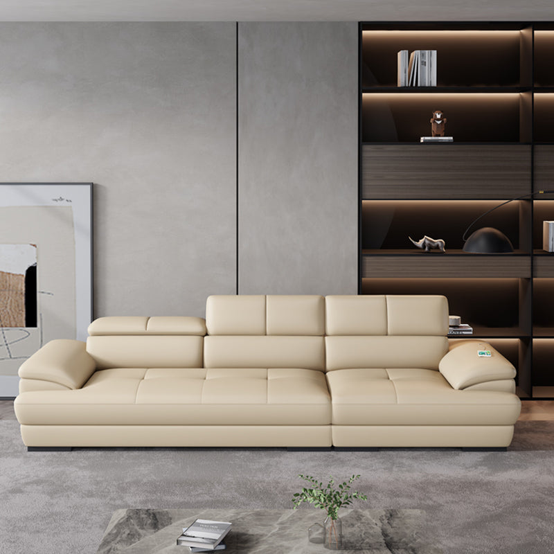 Beige Contemporary Sofa with Pillow Top Arm and Storage 27.6" 110"L x 39"W x 28"H Genuine Leather Clearhalo 'furn' 'furn_sectionals' 'Furniture' 'furniture_sectionals' 'kitchen' 'kitchen_sectionals' 'Living Room Furniture' 'Sectionals' 4773386