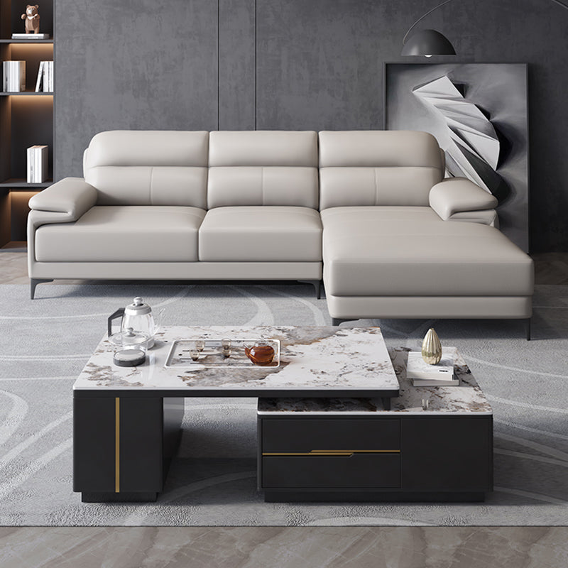 Contemporary Light Grey Sofa with Pillow Top Arm for Apartment 35.43" 112"L x 67"W x 35"H Genuine Leather Clearhalo 'furn' 'furn_sectionals' 'Furniture' 'furniture_sectionals' 'kitchen' 'kitchen_sectionals' 'Living Room Furniture' 'Sectionals' 4773445