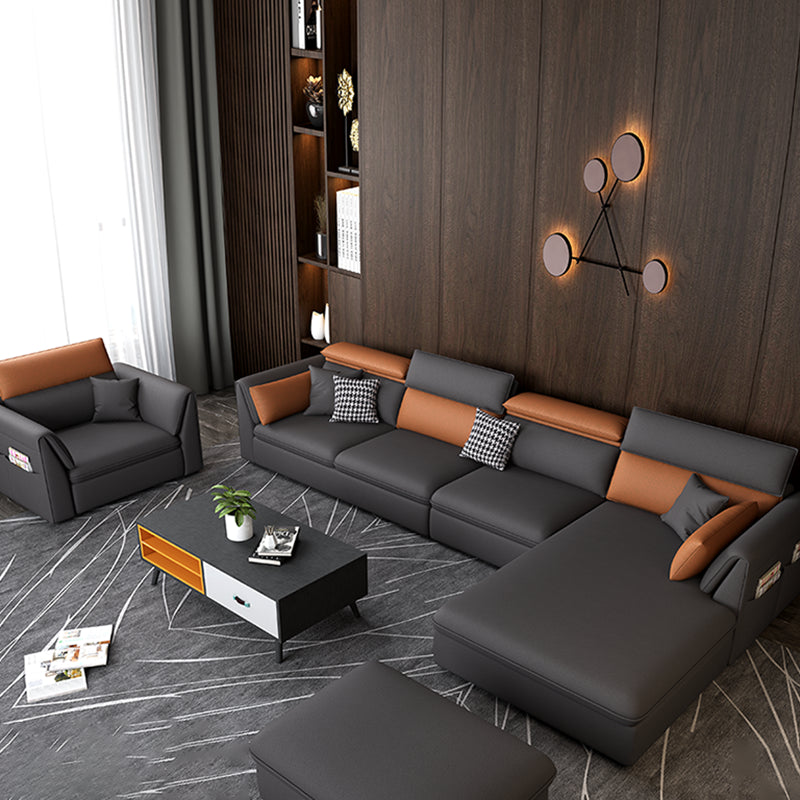 Modern Stain Resistant Faux Leather Pillow Top Arm Sofa with Bolster Pillows Clearhalo 'furn' 'furn_sectionals' 'Furniture' 'furniture_sectionals' 'kitchen' 'kitchen_sectionals' 'Living Room Furniture' 'Sectionals' 4773465