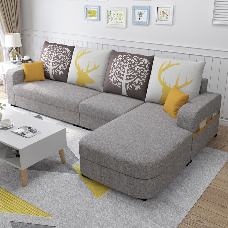 Contemporary Square Arm Sofa with Bolster Pillows for Living Room, Apartment Light Gray Linen Clearhalo 'furn' 'furn_sectionals' 'Furniture' 'furniture_sectionals' 'kitchen' 'kitchen_sectionals' 'Living Room Furniture' 'Sectionals' 4773478
