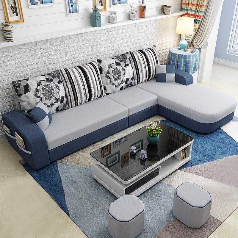 Contemporary Square Arm Sofa with Bolster Pillows for Living Room, Apartment Navy Blue Linen Clearhalo 'furn' 'furn_sectionals' 'Furniture' 'furniture_sectionals' 'kitchen' 'kitchen_sectionals' 'Living Room Furniture' 'Sectionals' 4773479