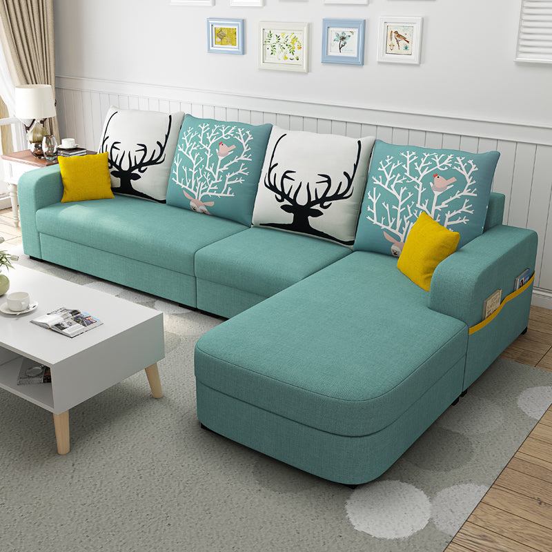 Contemporary Square Arm Sofa with Bolster Pillows for Living Room, Apartment Green Linen Clearhalo 'furn' 'furn_sectionals' 'Furniture' 'furniture_sectionals' 'kitchen' 'kitchen_sectionals' 'Living Room Furniture' 'Sectionals' 4773482