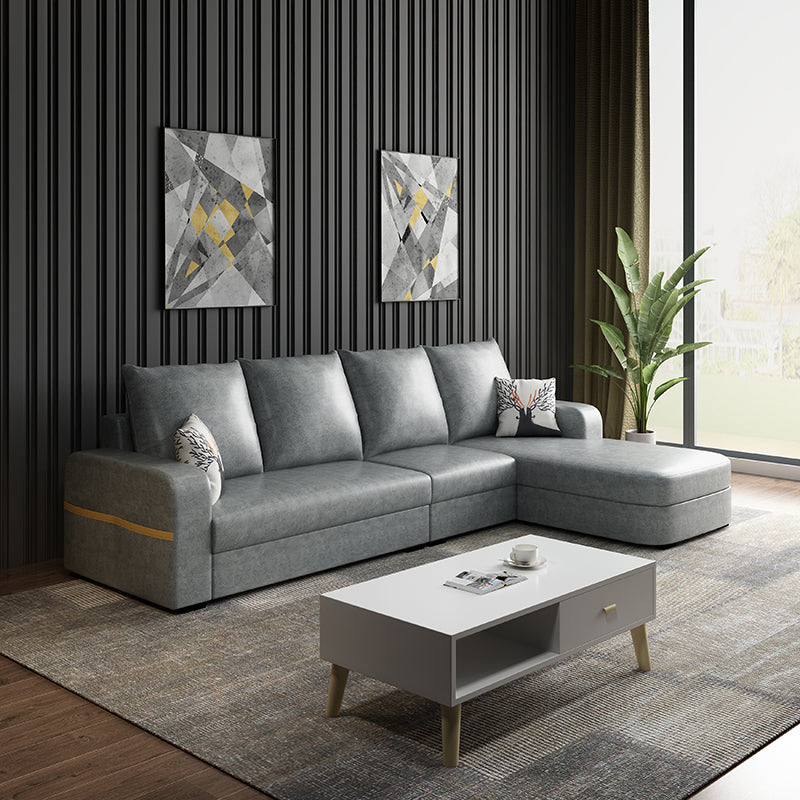 Contemporary Square Arm Sofa with Bolster Pillows for Living Room, Apartment Light Gray Faux Leather Clearhalo 'furn' 'furn_sectionals' 'Furniture' 'furniture_sectionals' 'kitchen' 'kitchen_sectionals' 'Living Room Furniture' 'Sectionals' 4773488