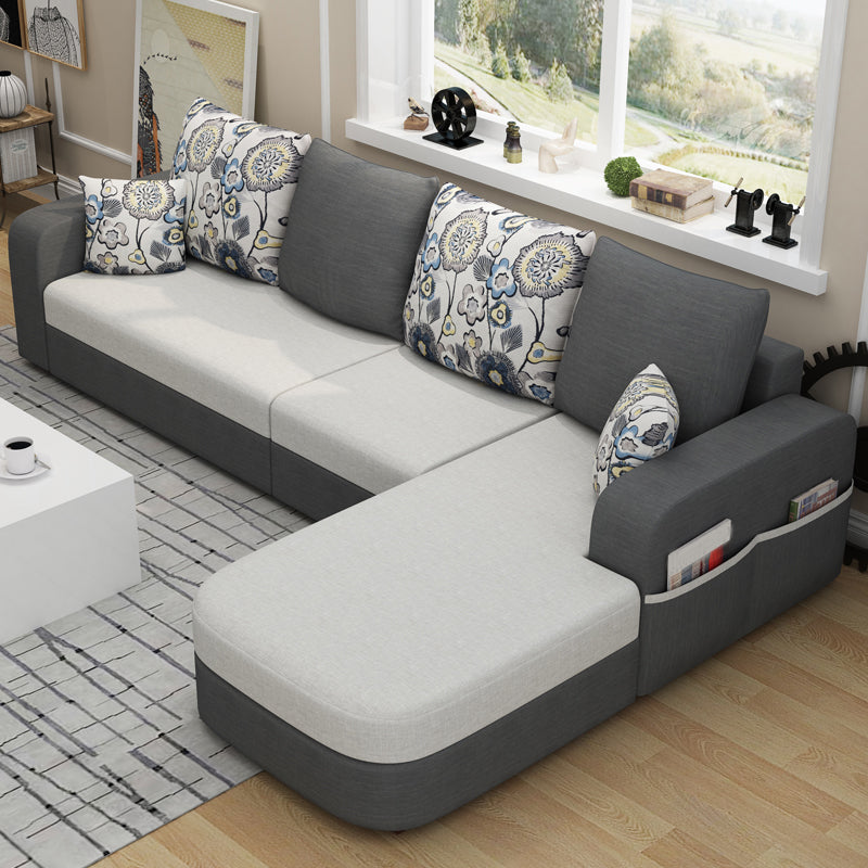 Contemporary Square Arm Sofa with Bolster Pillows for Living Room, Apartment Black-Gray Linen Clearhalo 'furn' 'furn_sectionals' 'Furniture' 'furniture_sectionals' 'kitchen' 'kitchen_sectionals' 'Living Room Furniture' 'Sectionals' 4773491
