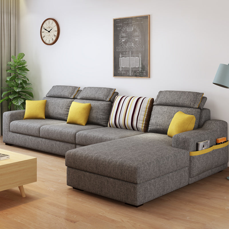 Grey Contemporary Sloped Arm Sofa with Bolster Pillows for Living Room 110"L x 63"W x 37"H Linen Latex Clearhalo 'furn' 'furn_sectionals' 'Furniture' 'furniture_sectionals' 'kitchen' 'kitchen_sectionals' 'Living Room Furniture' 'Sectionals' 4773507
